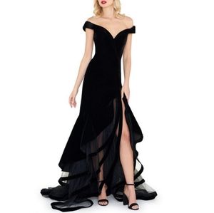off shoulder velvet gown by Mac Duggal